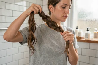 Femme réalisant la technique de la torsade pour couper ses pointes seule dans une salle de bain