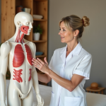 Therapeute en massage montrant un modele anatomique