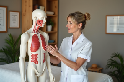 Therapeute en massage montrant un modele anatomique