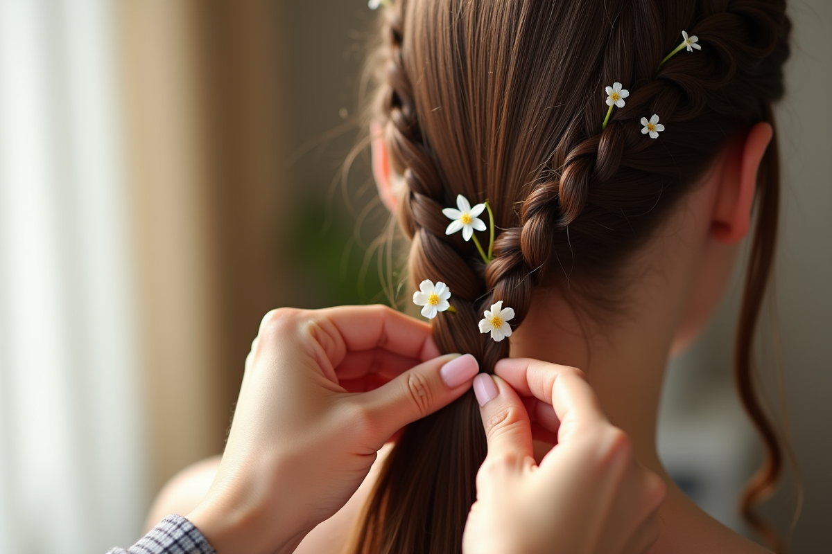 Mains tressant des cheveux bruns avec petites fleurs fraîches