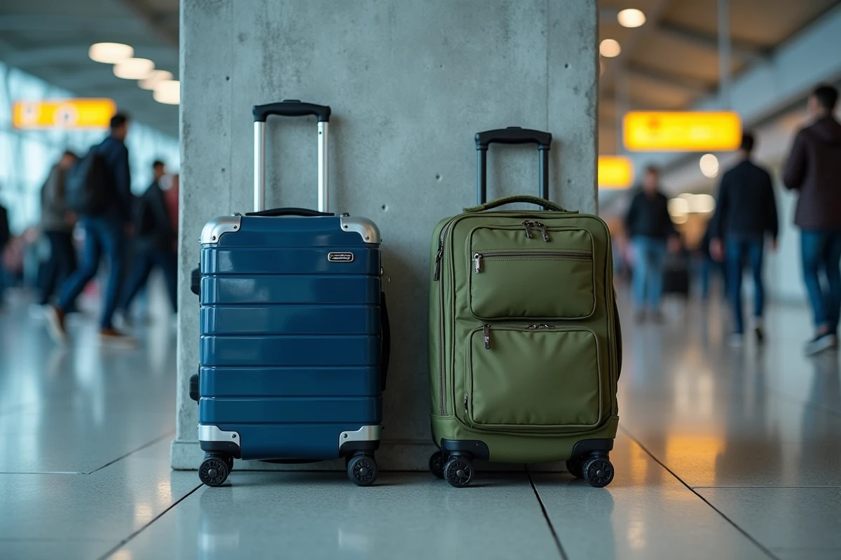 Vanity case rigide bleu marine et vanity case souple vert olive côte à côte dans un terminal d'aéroport