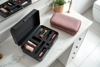 Comparaison entre une vanity case rigide noire et une vanity case souple rose avec produits cosmétiques sur marbre blanc